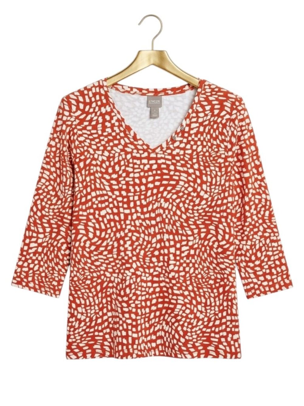 CHICO'S Orange and White Abstract Mosaic Cotton V-Neck Top - Size Large